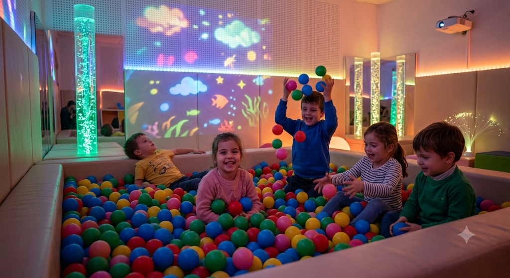 Niños jugando en piscina de bolas en sala multisensorial Snoezelen en colegio