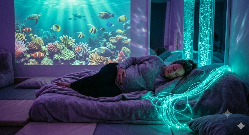 Mujer embarazada en sala multisensorial Snoezelen con proyección marina y fibras ópticas