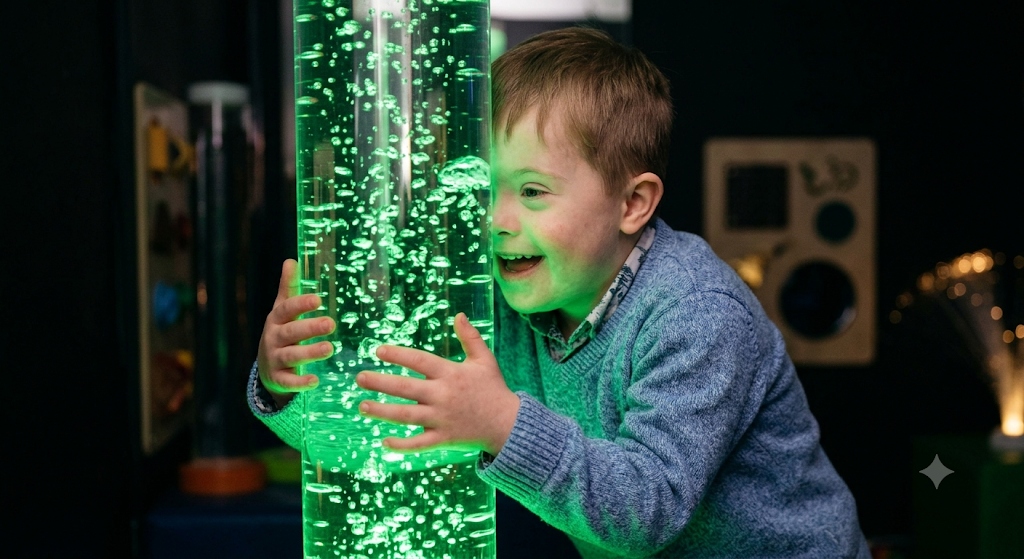 Niño sonriendo mientras abraza un tubo de burbujas en sala multisensorial Snoezelen