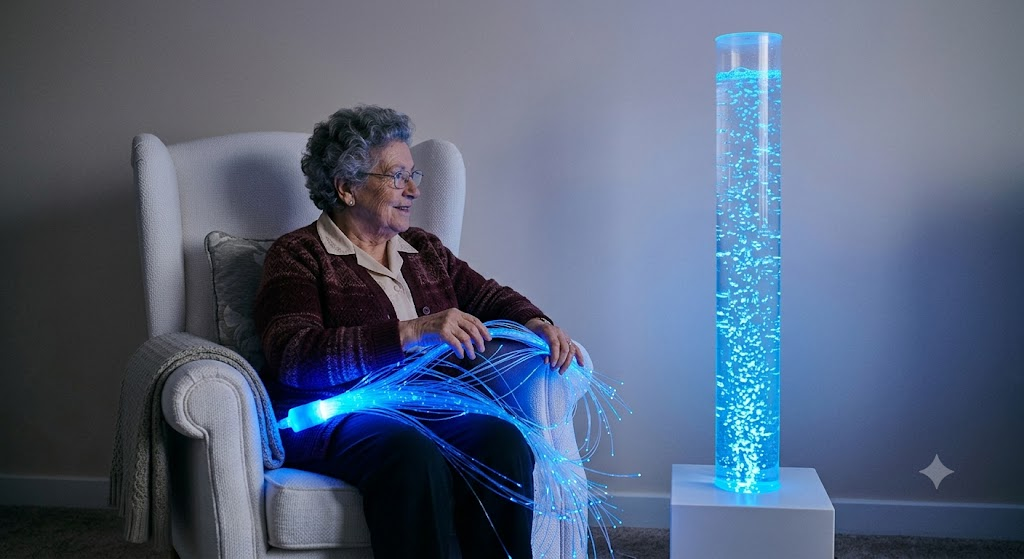 Persona mayor sonriendo con fibra óptica y tubo de burbujas en sala Snoezelen