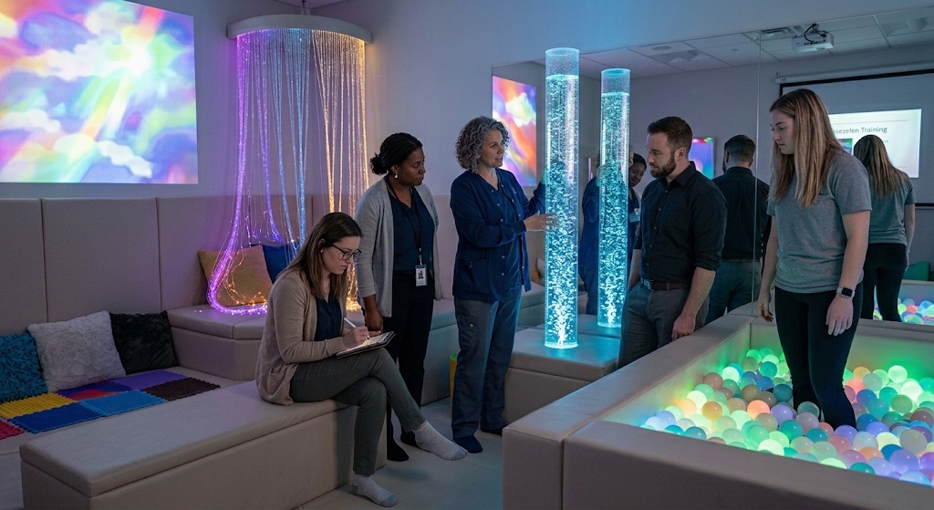 Profesionales en sala multisensorial Snoezelen durante una formación teórica y práctica